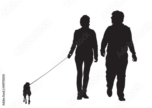 Young man and woman walking at street. Isolated silhouette on a white background