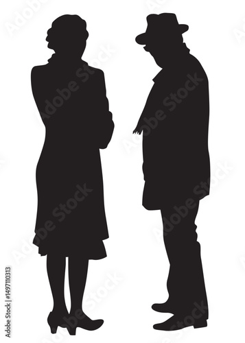 Young man and woman walking at street. Isolated silhouette on a white background