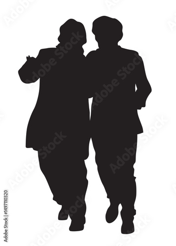 Young man and woman walking at street. Isolated silhouette on a white background