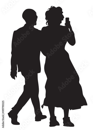 Young man and woman walking at street. Isolated silhouette on a white background