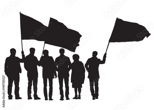 People of with banner and flags. Isolated silhouettes of people on a white background