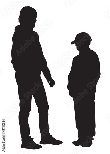 Young man and woman walking at street. Isolated silhouette on a white background