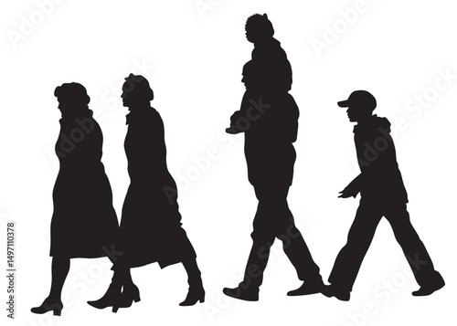 Big crowds people on street. Isolated silhouette on a white background
