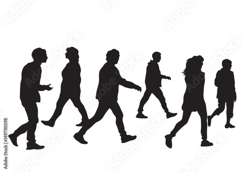Big crowds people on street. Isolated silhouette on a white background