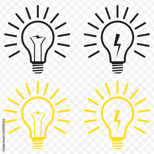 light bulb idea icon electricity innovation power glowing lamp bulb bright sign symbol intellgence creativity solution thinks business flat button design on Transparent Background. EPS 10.