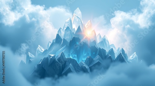 A digitally rendered ice mountain with a bright light shining from behind the peak in the clouds