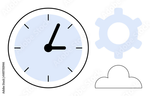 Large clock with marked hour-hand, blue gear, and cloud outline representing time, process, and ideas. Ideal for scheduling, productivity, efficiency, innovation cloud services teamwork flat