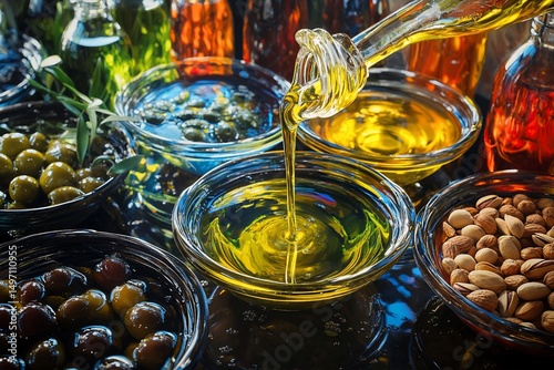 Olive oil pouring with olives, and nuts.