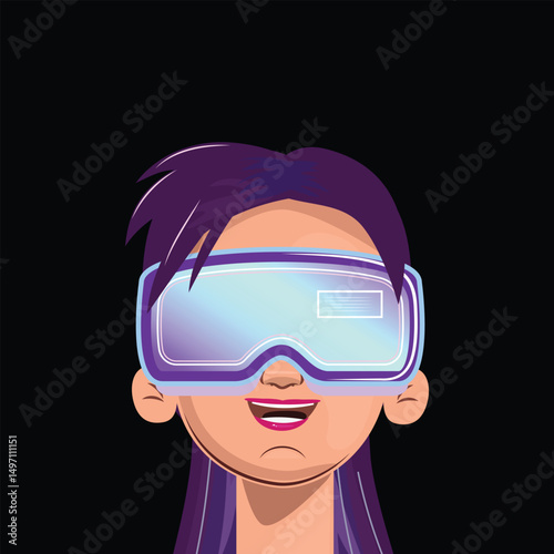 Close up of excited woman in purple-blue VR headset, vibrant hair against dark background