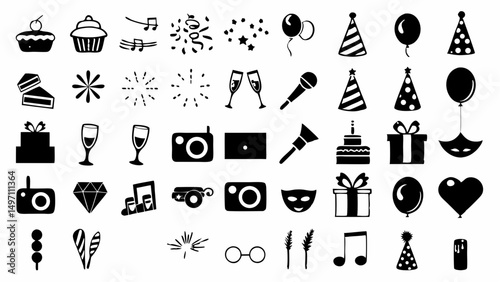 A festive array of celebratory icons joyfully signals party time and special events with a simple