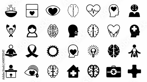 Mental health and well being support icons represent a holistic and emotional wellness journey in
