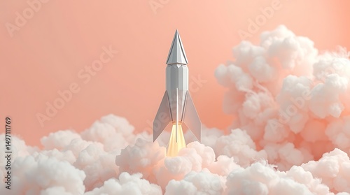 A rocket ship launching through fluffy white clouds against a soft peach colored background in a studio shot