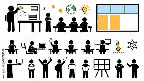Presenting innovative ideas and collaborative teamwork using simple clean icon illustrations with