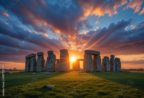 Sunset illuminating the ancient standing stones of stonehenge with dramatic sky colors photo