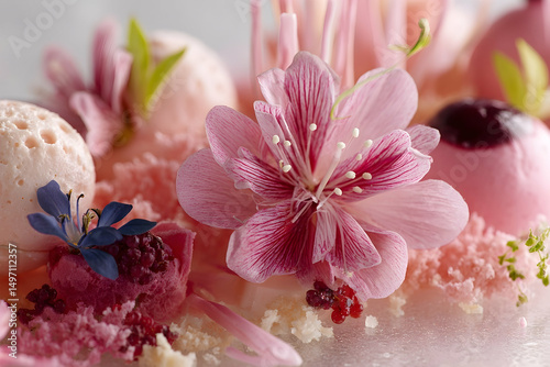 Delicate pink floral dessert arrangement. photo