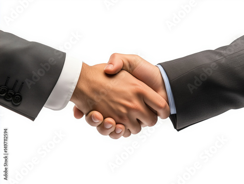 Business negotiation handshake. People's arms shaking wearing professional suit. Agreement, deal, partnership, cooperation. Businessmen's hands holding. Isolated on white background