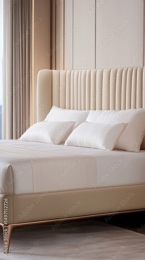 Fototapeta premium Elegant modern bedroom design featuring a plush bed with a high headboard and luxurious linens in soft natural light during the daytime