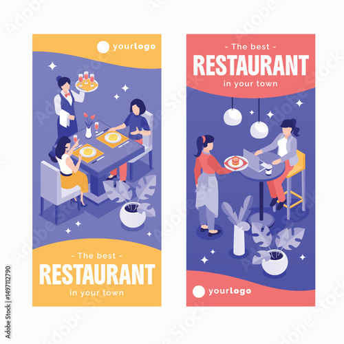Isometric Restaurant Vertical Banner with People