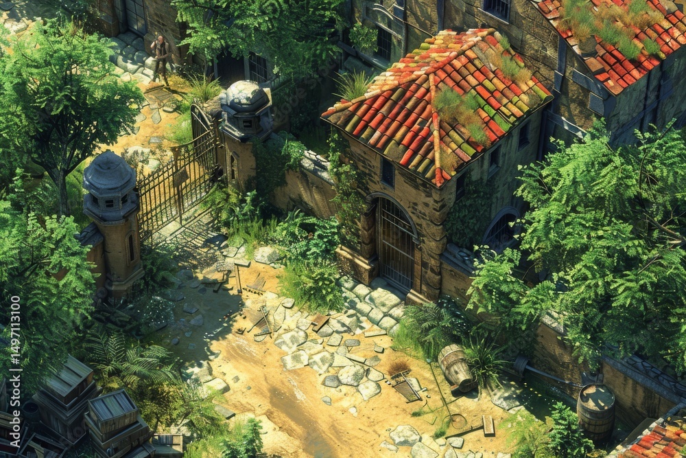 Obraz premium Exploring an abandoned courtyard surrounded by lush greenery and old stone structures during a sunny afternoon