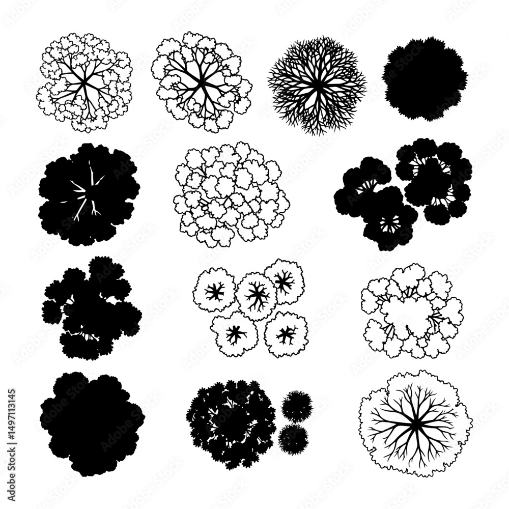 Fototapeta premium Architectural Drawings.silhouette tree line drawing set, Top view, set of graphics trees elements outline symbol for architecture and landscape design drawing. Vector illustration. Tropical