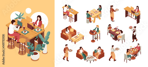 Isometric People at restaurants with illustration