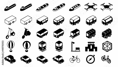 A diverse collection of transportation icons representing modern and vintage travel options in bold