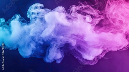 Abstract swirl of vibrant blue, pink, and white smoke against a dark background