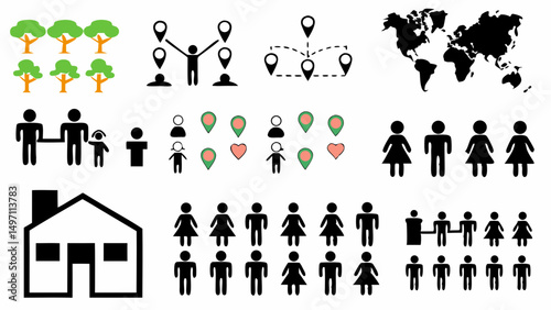 Visualizing global community connections and family life through symbolic icons with vector