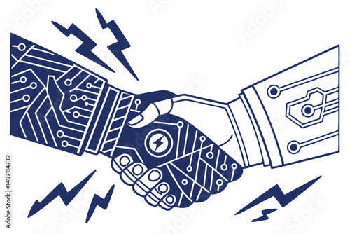 abstract handshake, digital architecture, geometric shapes, lightning bolts, technological, futuristic, monochrome, minimalist
