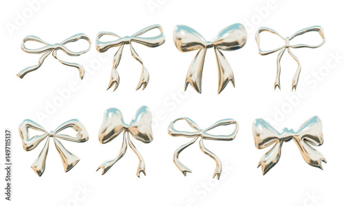 Glossy Iridescent Ribbon Bow Shape. A complete collection of 8 glossy iridescent ribbon bows featuring wide loops curved tails folded corners. Perfect for abstract layouts elegant visuals