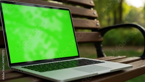Laptop Green Screen Video on Rustic Bench | Outdoor Natural Sunlight Scene