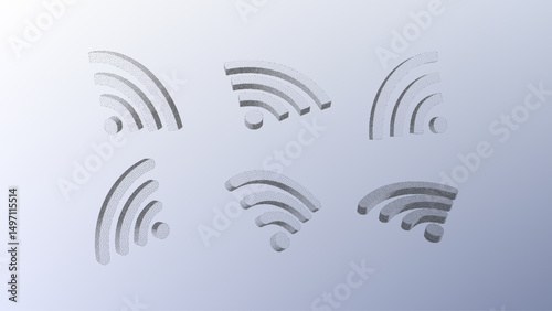 Dotwork pattern Wi-Fi symbol. Black noise stipple dots Wi-Fi sign. Sand grain effect. Black dots grunge banner, poster. 3d symbol from different angles. Grainy gradient noise dotwork pattern.