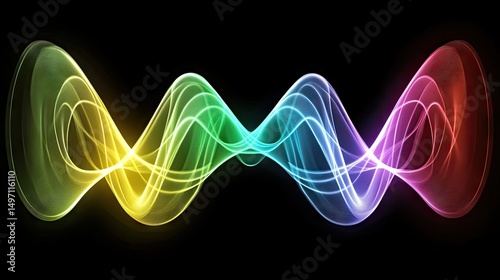 Vibrant, multicolored, flowing light wave abstract art on black background