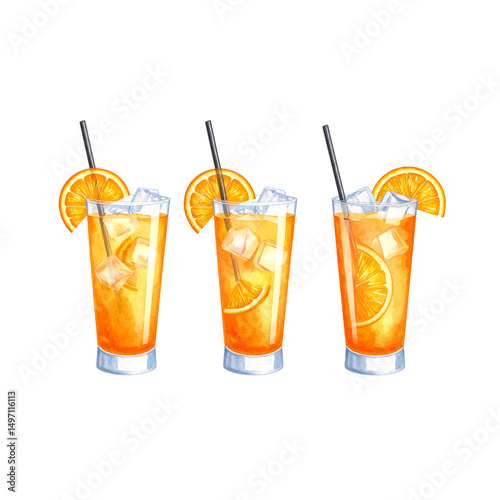 Ein frisches tropisches Getränk mit Eis, Zitrone und Orange in einem Glas, isoliert auf Weiß, ideal zum Trinken