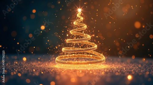 Abstract Christmas tree in the form of a spiral made of golden glowing ribbon on a dark sparkling background