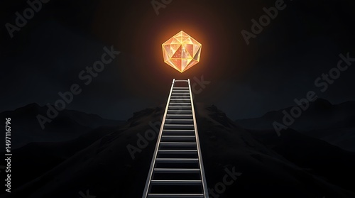 A ladder leading to a glowing orange geometric shape in a dark and mysterious landscape background scene