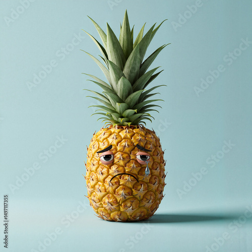 Sad pineapple cartoon character with teary eyes on blue background