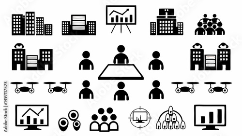 Envisioning future business growth with team meetings smart tech drones and new buildings in black