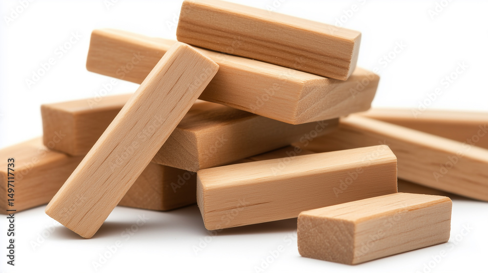 Stack of Wooden Blocks, Jenga-like Game Pieces on White Background Stack of Wooden Blocks, Jenga-like Game Pieces on White Background