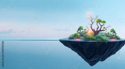 Floating island with trees and bushes in a serene blue landscape with a glowing light behind tree