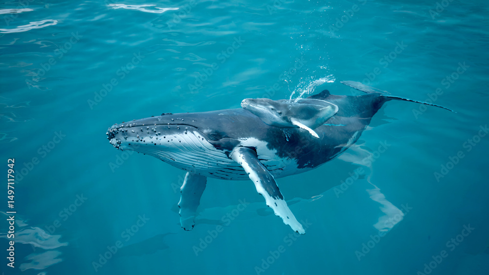 Fototapeta premium Humpback Whale Swimming Gracefully Underwater in Crystal Clear Ocean Waters
