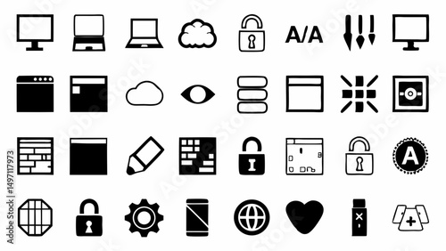 Navigating the Digital Frontier a curated collection of essential tech icons and symbols black and