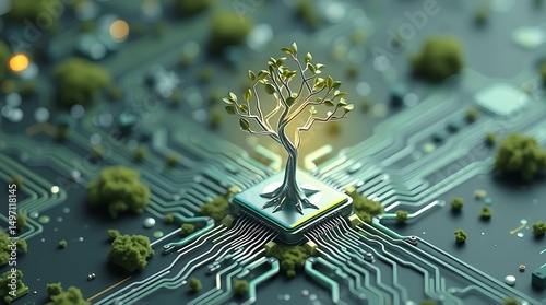 A tree growing out of a computer chip surrounded by circuit board and green mossy formations art
