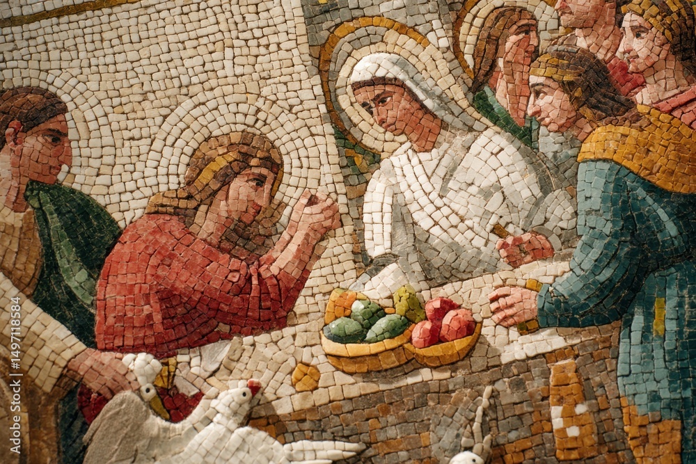 Obraz premium Mosaic Depicting Biblical Scene of the Last Supper, Conveying Themes of Faith and Historical Significance for Religious Education and Cultural Heritage : Generative AI