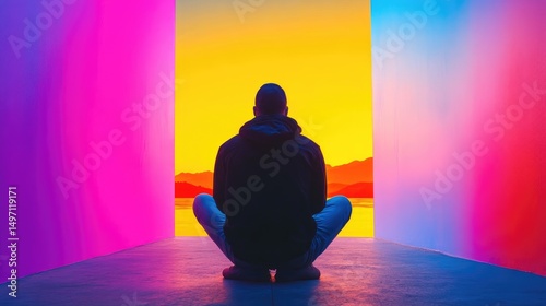 Seated person meditating in vibrant sunset