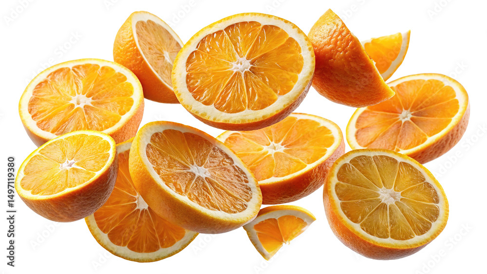 Obraz premium Close up of orange fruit slices against a bright white background