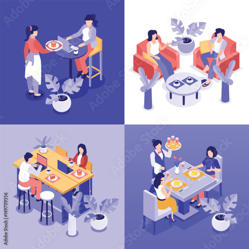 Isometric People at restaurant Illustration Set
