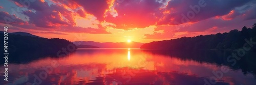 Vibrant sunset over a serene lake, reflecting the fiery colors of the sky  Perfect for travel, nature, and landscape projects  Ideal for calming and inspiring visuals ,  outstanding,  serene