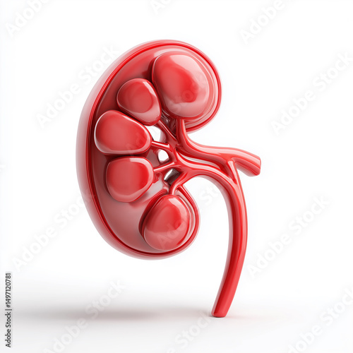 Human Kidney Anatomy: 3D model of a human kidney, showcasing its detailed structure, including the renal pelvis, medulla, and cortex, against a clean white background.  photo