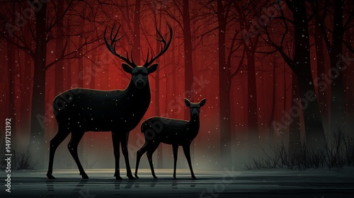 Dark Forest Deer with Winter, Snow, and Wildlife.